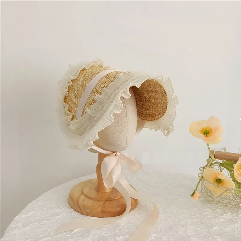 Caps Hüte Französisch Lolita Stil Säugling Baby Kind Mädchen Sonnenhut Weizen Stroh Handgemachte Webart Mode Accessoires Prinzessin Strand Kappe kinder Sommer 230621