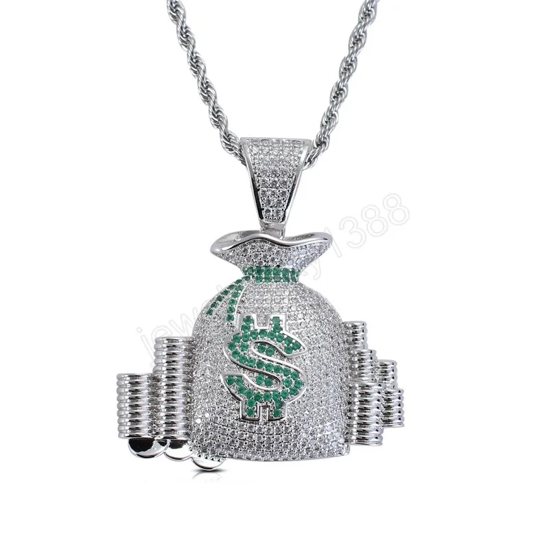 Hip Hop US Money Bag Stack Cash Coins Pendentif Colliers Or couleur Colliers Hommes Charme Bijoux