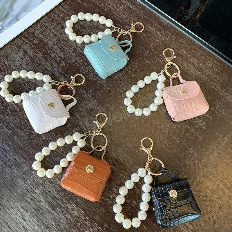 Cute Mini Coin Purses Pearl Chain Keychain Small Earphone Box Soft Leather Key Organizer Bag Key Ring Wallet Pouch Keychain