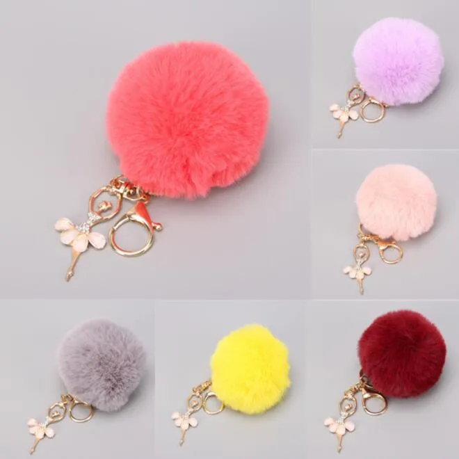 Rabbit Fur Ball Keychain Soft Fur Ball Diamond little angel Key Chains Ball Poms Plush Keychain Car Keyring Bag Accessories