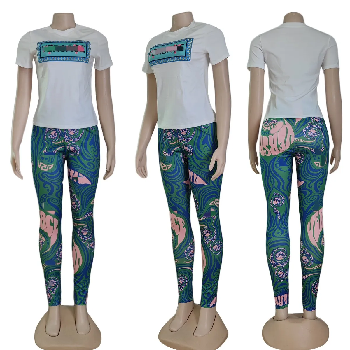 Womens Two Piece Pants Summer Outfits Casual Print Crew Neck T-shirt and Legging Sets Free Ship