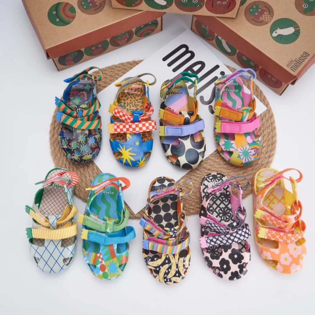 Sandals Mini Melissa Children's Sandals Boys Girls' Jelly Shoes Summer Kids Colorful Hollow Lightweight Canvas Button Beach Shoes 230621