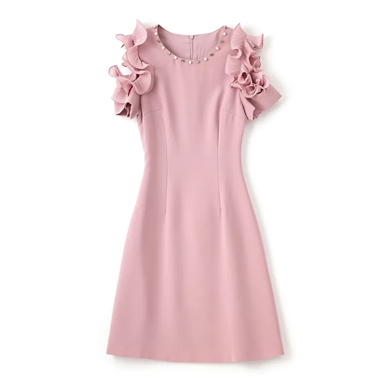 2023夏のピンクのソリッドドレス半袖丸い首の膝の長さのカジュアルドレスw3l049703