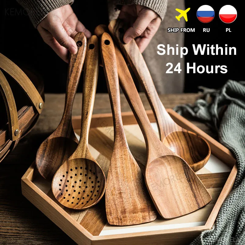 Ustensiles de cuisine Thaïlande Teck Vaisselle en bois naturel Cuillère Louche Turner Long Riz Passoire Soupe Écumoire Cuillères Scoop Kitchen Tool Set 230621