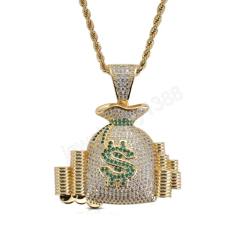 Hip Hop US Money Bag Stack Cash Coins Pendentif Colliers Or couleur Colliers Hommes Charme Bijoux