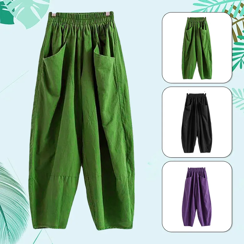 Calça Harém de Linho de Algodão Fino de Verão Feminina Cintura Elástica Calças Soltas Hippie Casuais Calças Largas com Bolso Caído na Virilha