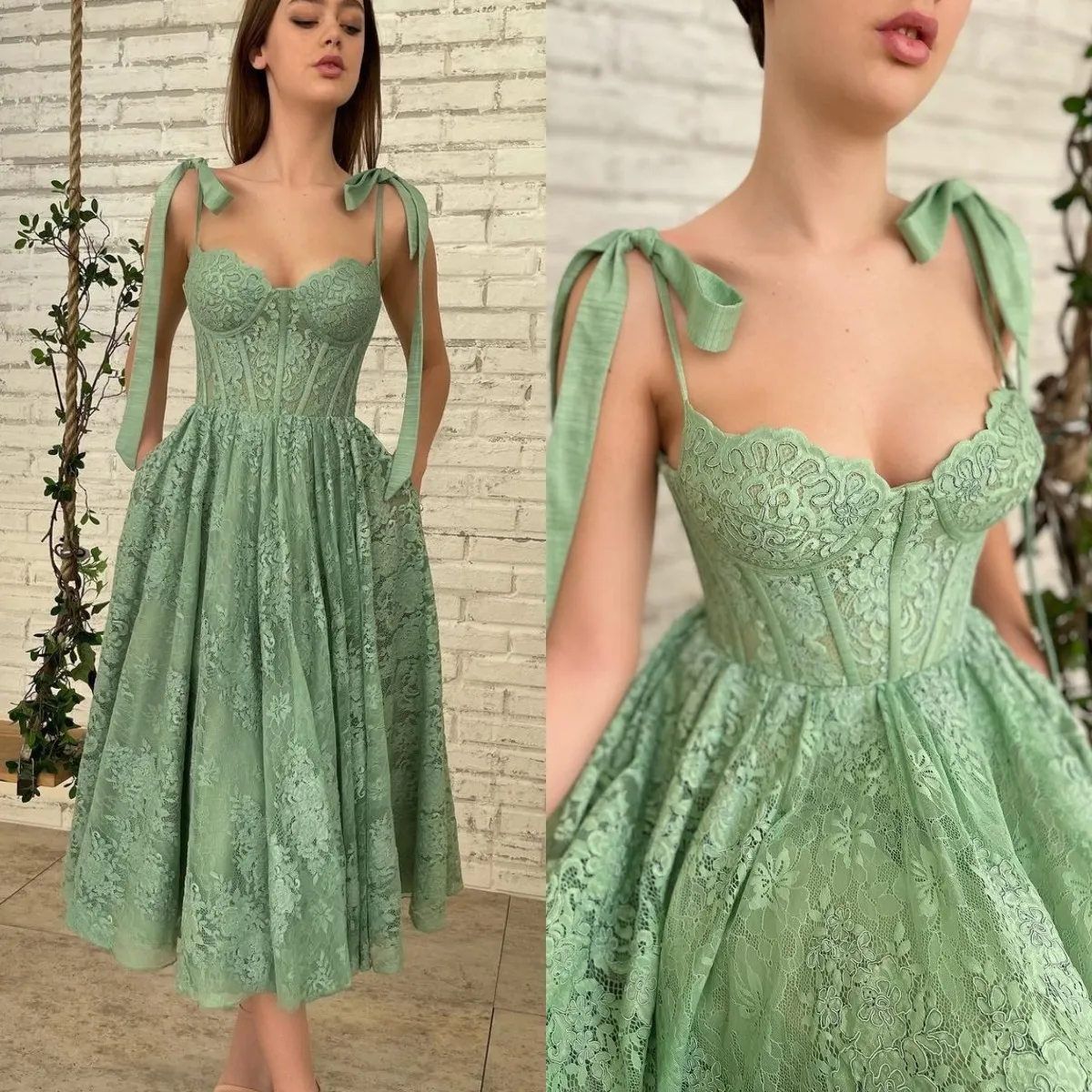 Elegante abito verde da ritorno a casa con spaghetti in pizzo, abito da festa, lunghezza del tè, abito da ritorno a casa, una linea