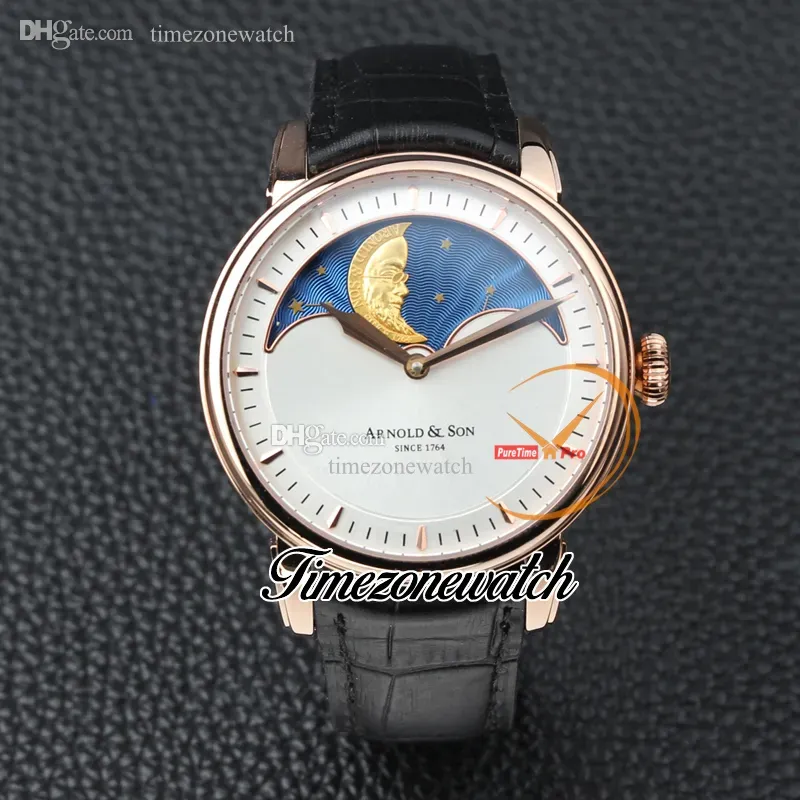 Ny 42mm Arnoldson HM Perpetual Moon A1GLari01AC122A Rose Gold White Dial Mechanical Hand Winding Mens Watch Black Leather Strap UK COOL TIMEZONEWATCH