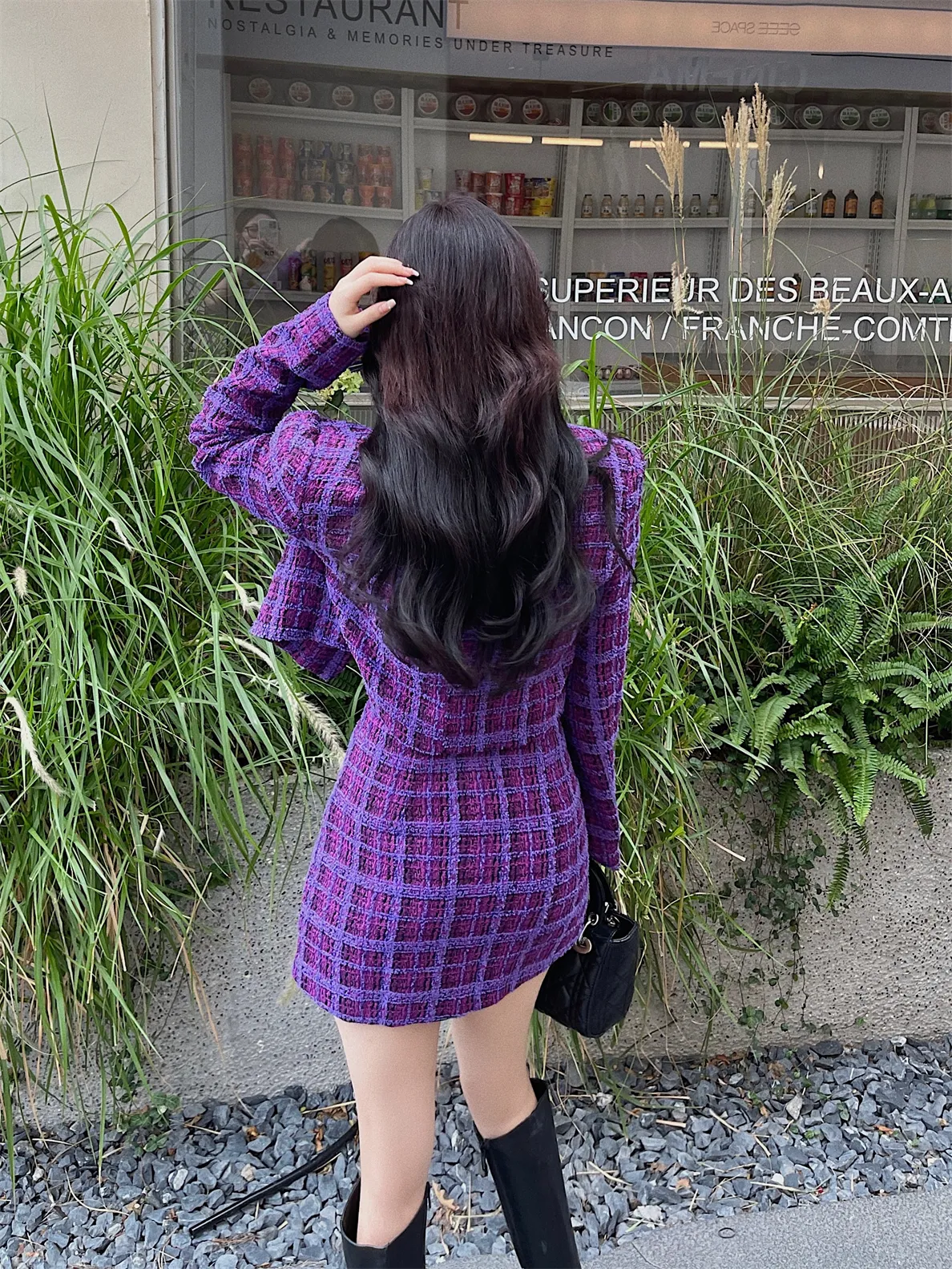 Retro Purple Jacquard Plaid Tweed Two Piece two piece dress