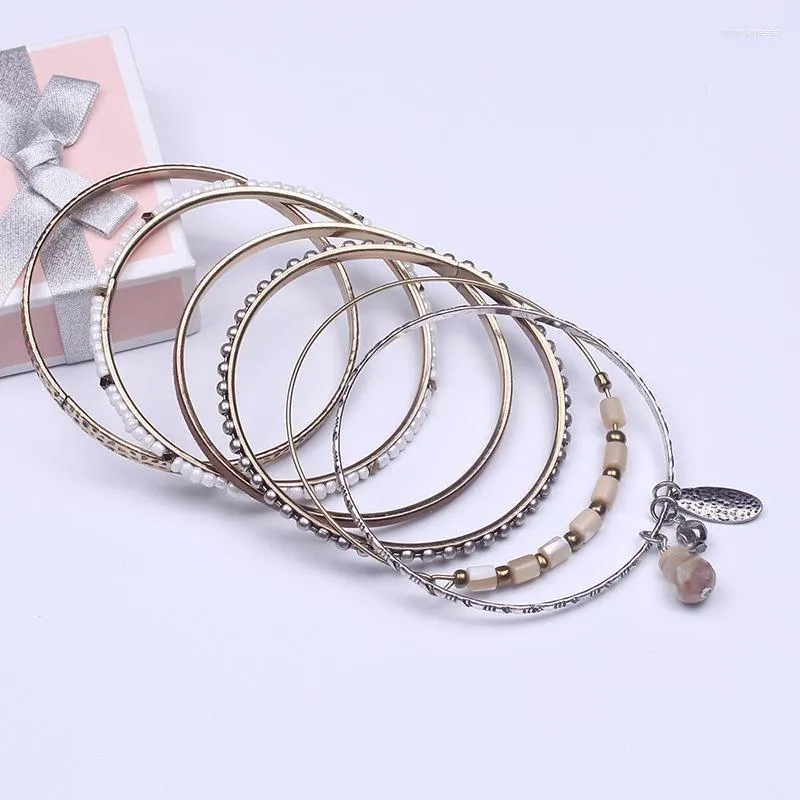 Bangle 6pcs/Set Euramerican Iron Bracelets CCB Beadered Multi-Layer Bracelet Mopper Electrated Vintage Silver Gold Maea9 Raym22