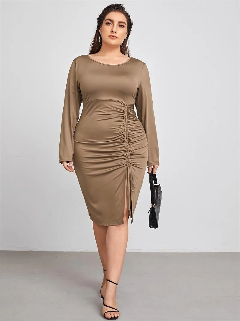 Womens Satin Drawstring Round Neck Midi Bodycon Dress for Party