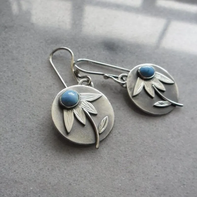 Boucles d'oreilles pendantes Vintage ovale bleu pierre bohème couleur argent métal rond sculpture feuille fleur crochet pour femmes bijoux
