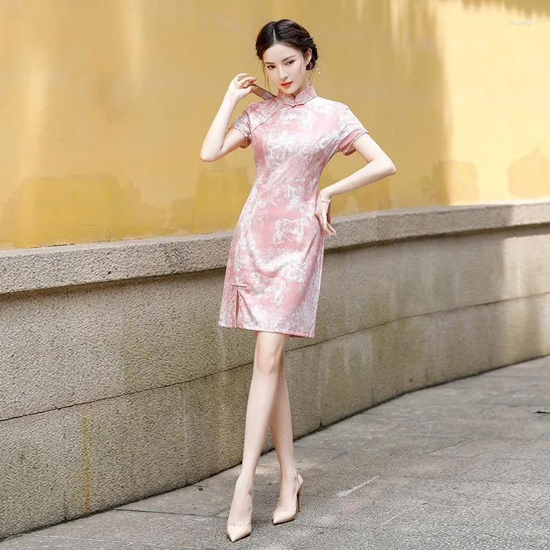 Etniska kläder fzslcyiyi mode tryckt rosa mini cheongsam klänning kvinnor sommar kort ärm qipao traditionell casual kinesiska kläder