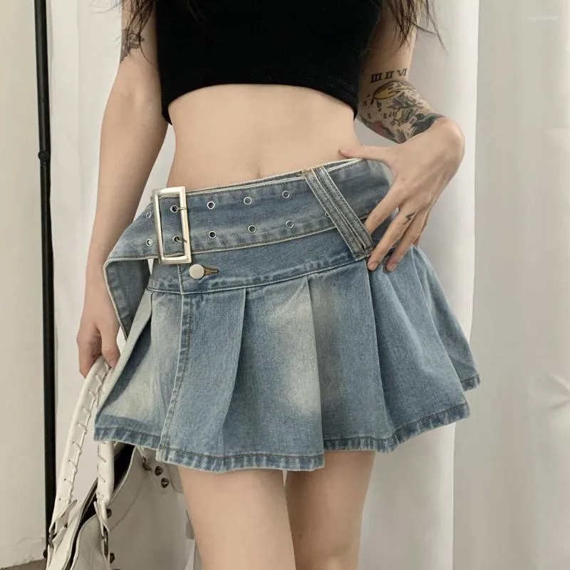 Röcke Y2k Denim Plissee Mini Casual Frau Mode Koreanischen Stil Hohe Taille Schlitz Rock A-Linie
