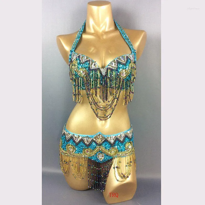 Stage Wear Belly Dance Costume Adjustable Set Halter Sequin Hand Beaded Performance Outfits Club Party Festival Rave Sexy