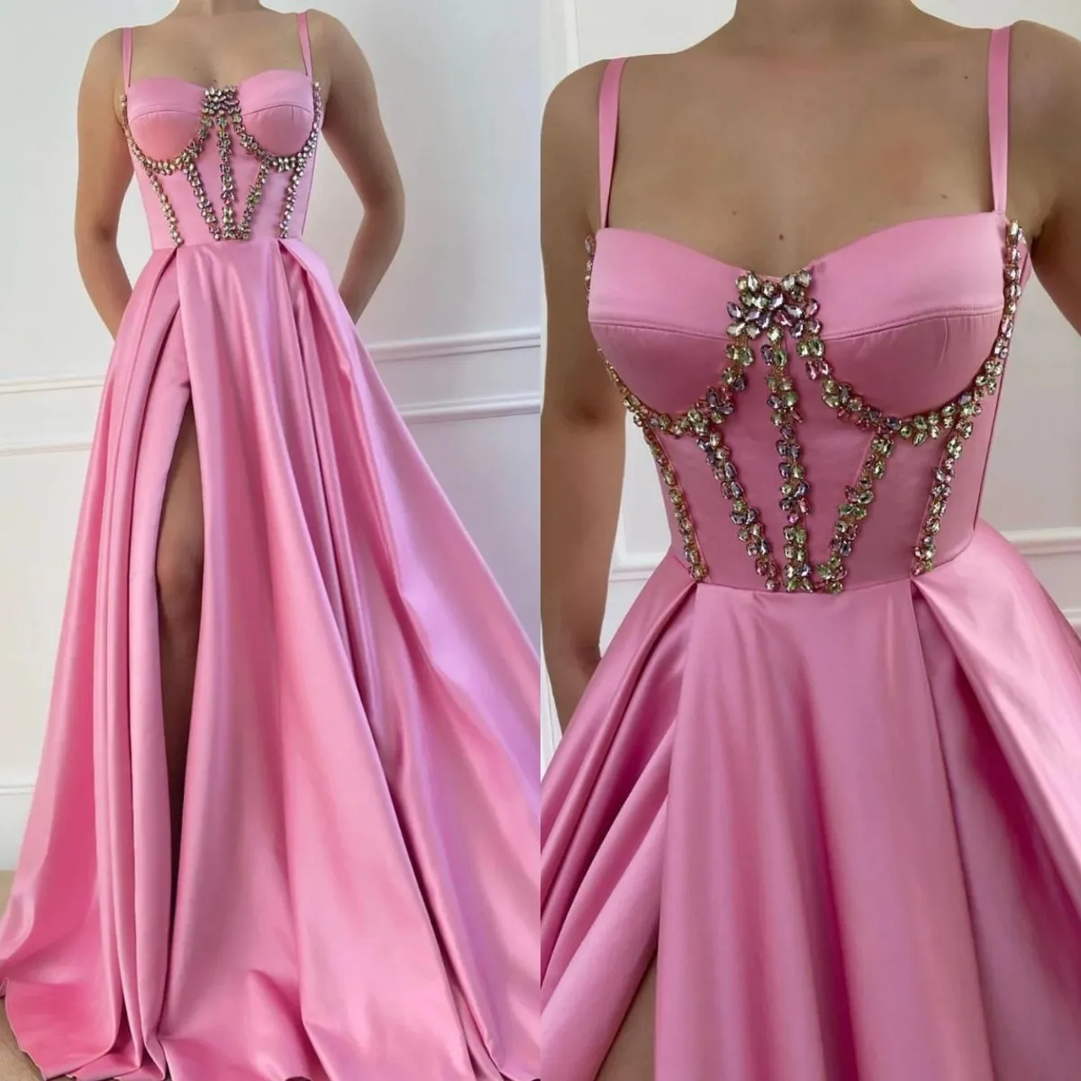 FANTASTIC SLEEVELESS BEADING LONG PROM GOWNS OFF SHOULDER PINK BEADINGS DRESS