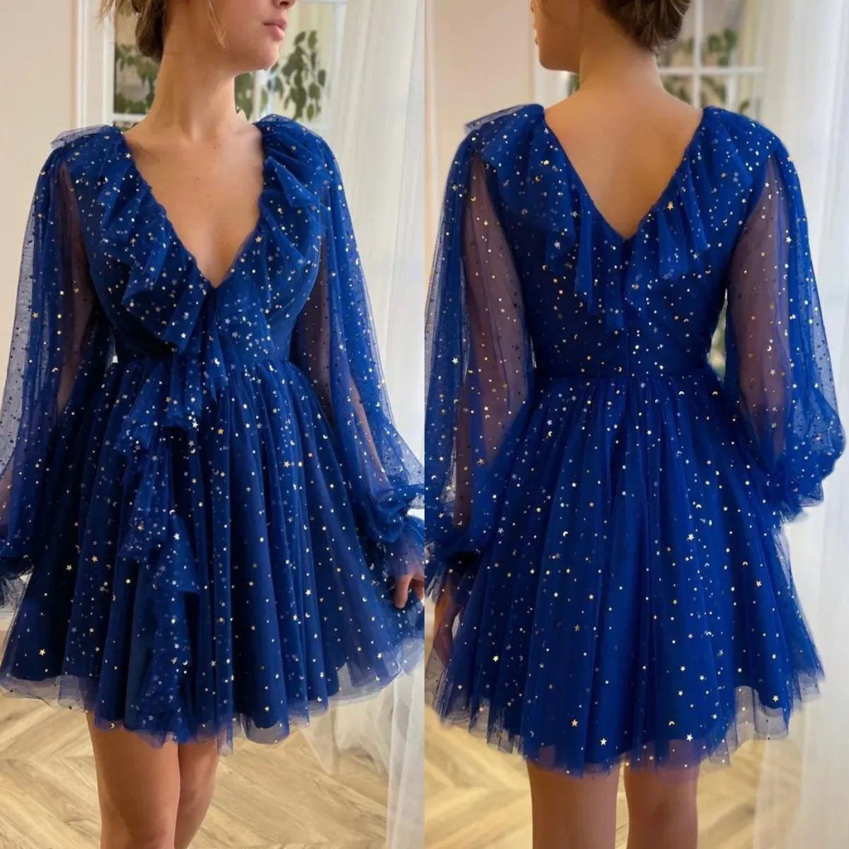 Słodki królewski niebieski krótkie sukienki z domu cekiny v szyja długie rękawy mini koktajl homecoming sukienka