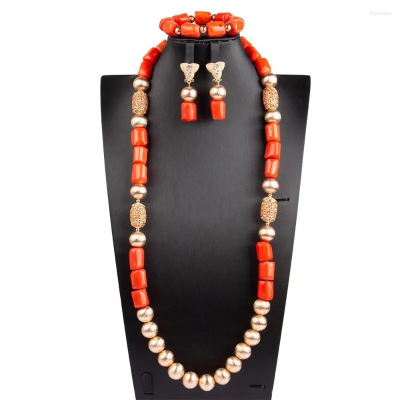 Conjunto de pendientes de collar, cuentas de Coral originales de 32 pulgadas, joyería africana de una sola capa, regalo nupcial de boda nigeriano ABG182