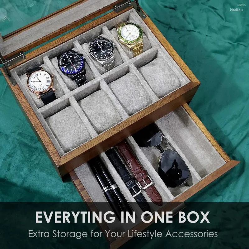 Solid Wood Watch Box Organizer Display Case for Men with Valet Drawer Storage for Wrist Watches Jewelry Sunglasses Watch Bands