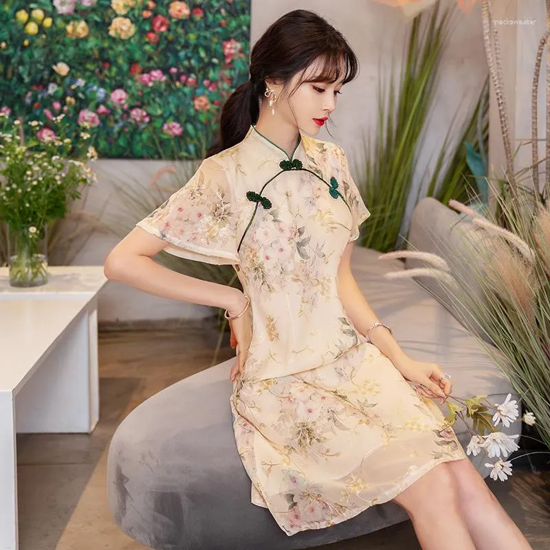 Vêtements ethniques femmes 'élégant chinois traditionnel à manches courtes Qipao robe Style moderne été amélioré en mousseline de soie Cheongsam CNY