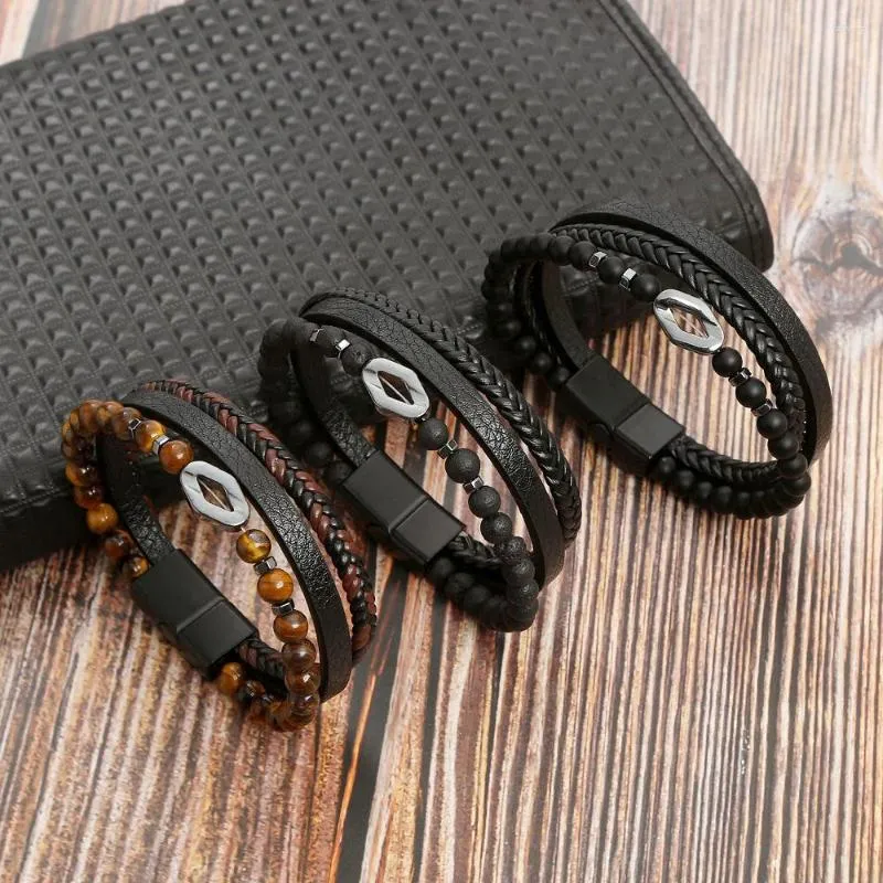 Charm Bracelets Men Classic Fashion Leather Bracelet High Quality Alloy Magnet Buckle Tiger Eye Bead Multi-Layer Man Jewelry Gift