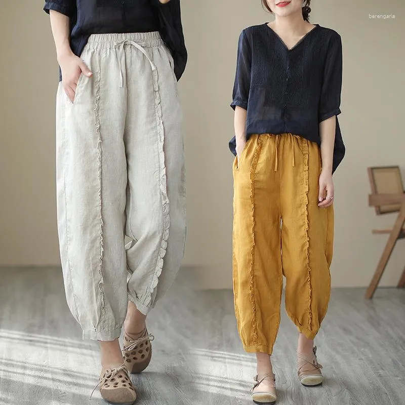 Womens Lace Up Cotton Linen Nine Point Loose Leggings With Lotus Leaf Edge  Casual And Stylish For 2023 Summer From Berengaria, $19.56