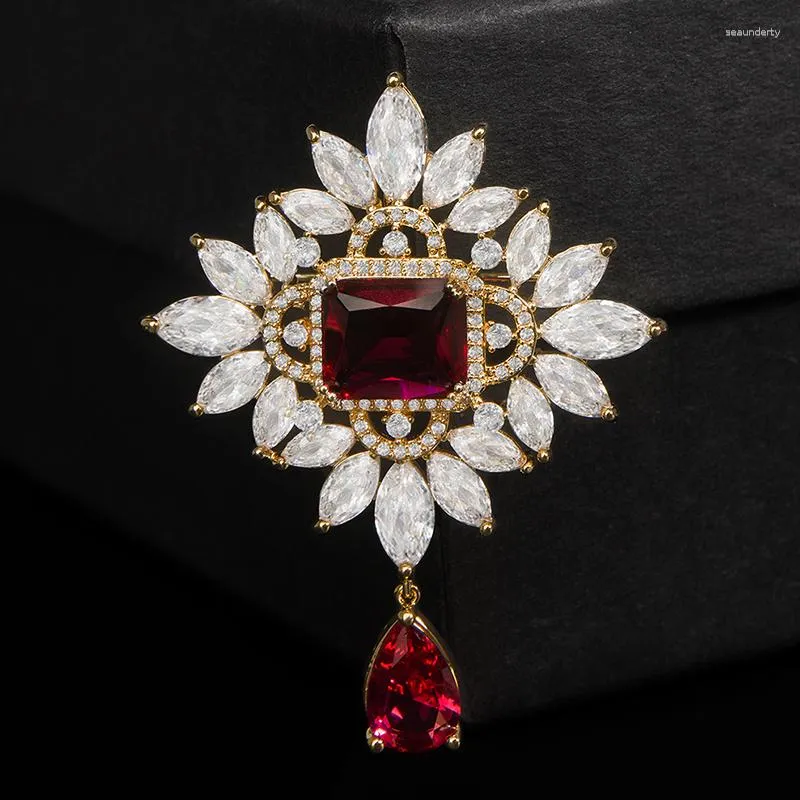 Brooches YYSUNNY Luxury Red Crystal Water Drop For Women Broches Brooch Pin Strass Accessories Female Jewelry Gift