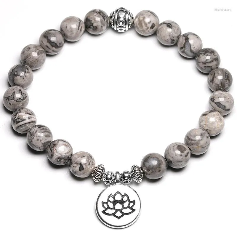 Strand Natuurlijke Grijze Kaart Steen Charme Lotus Vrouwen Armband Mannen Energie Elastisch Touw Yoga Spirituele Sieraden