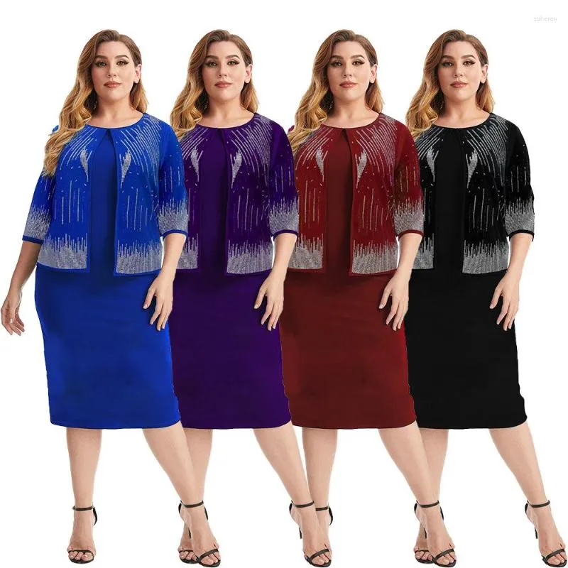 Abbigliamento etnico Abiti africani per le donne Moda estiva O-Collo Blu Nero Viola Abito al ginocchio con maniche a tre quarti XL-5XL