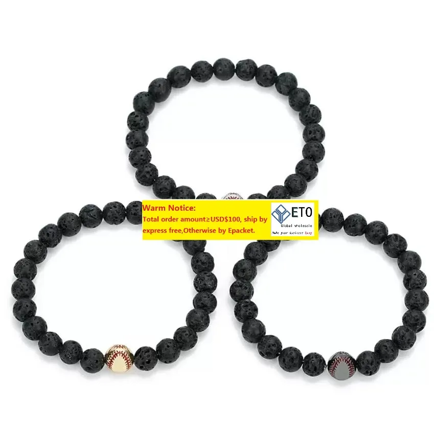 Bracelets porte-bonheur boule de Baseball en cuivre breloques brin Bracelet 8Mm perles de pierre de lave noire volcan bricolage huile essentielle diffuse