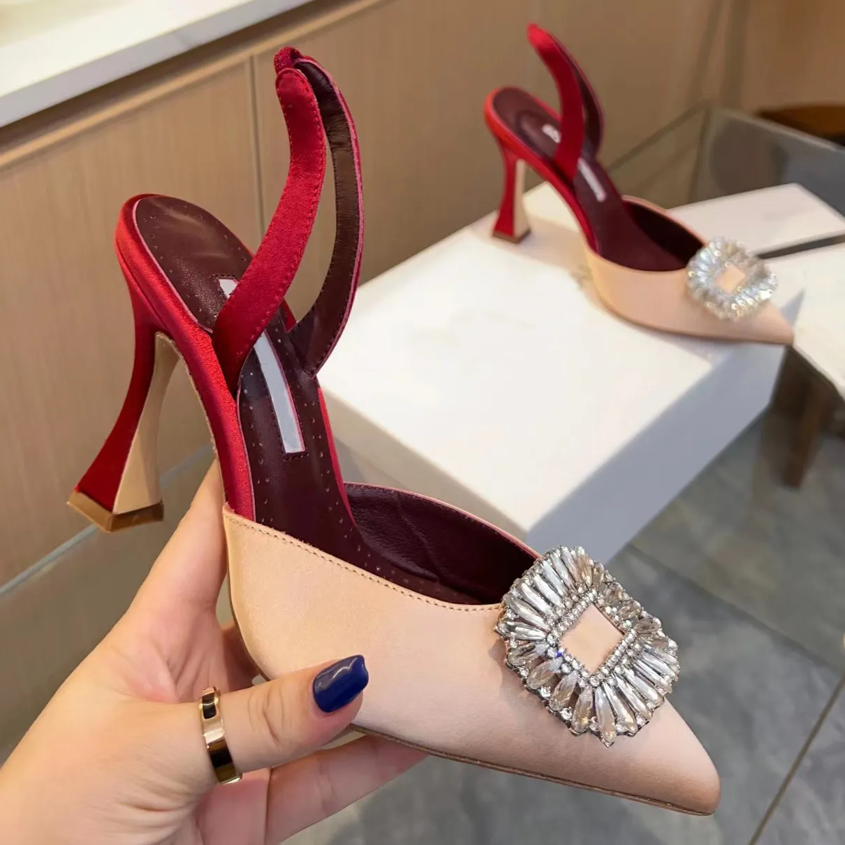 Fashion designer dress shoes 9CM high heel sandals women casual party Wedding Shoes satin leather lining square diamond buckle decoration slingbacks size 35-42