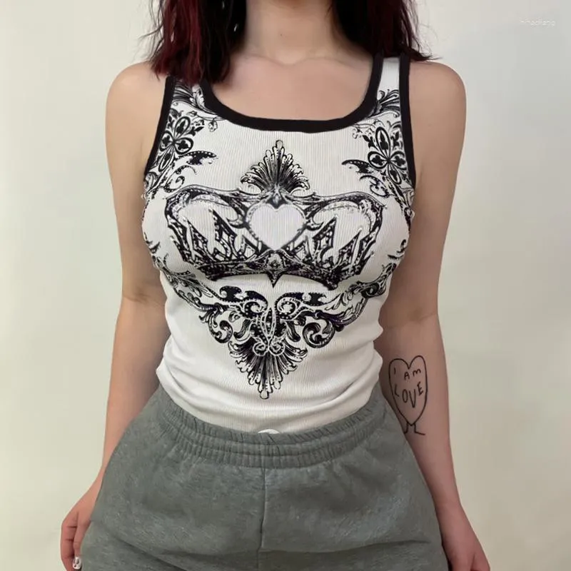 Kvinnors tankar goth y2k tryckt tank top girl fairy grunge kläder ärmlöst lapptäcke beskuren t-shirt väst kvinnlig grafisk o-hals tee