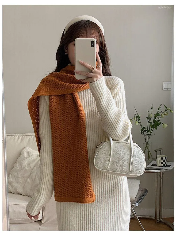 Scarves Winter Korean Fashion All-match Long Scarf Women's Literary Retro Solid Color Knitted Crochet Cachecol Feminino Inverno