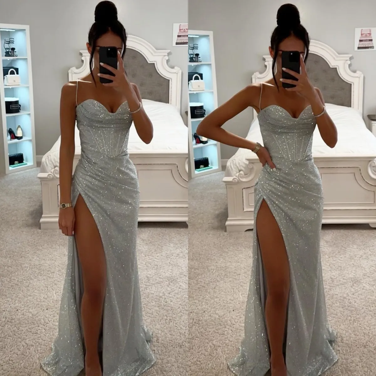 أزياء Sier Prom Dresses Spaghetti سهرة العباءات الفخذ فتحات الطائرات غمد السجادة الحمراء الرسمية الطويلة