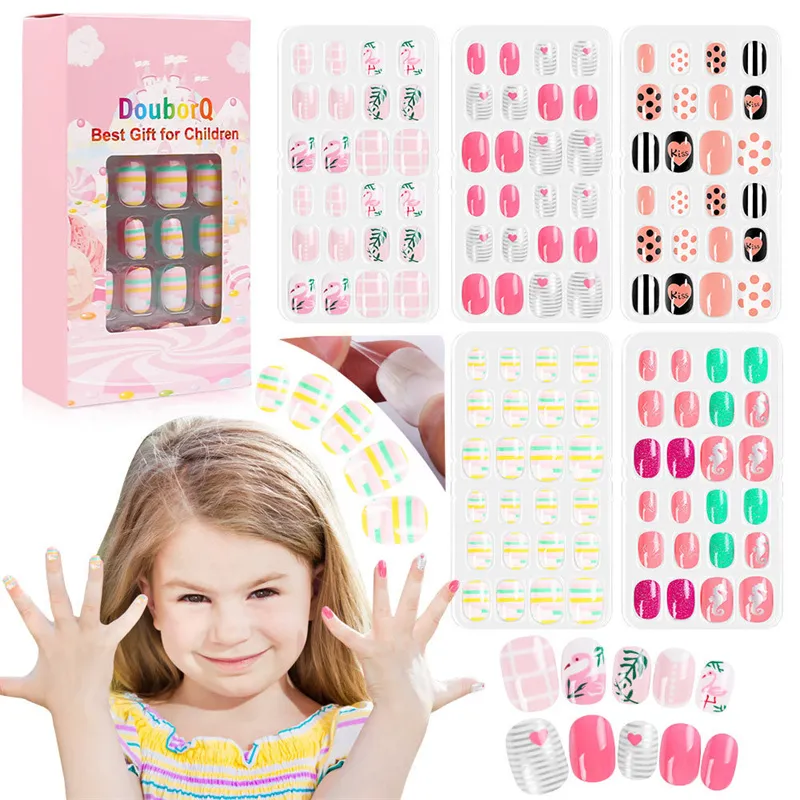 120pcs Child Full Cover Nails Kids False For Kid Girls Candy Press on Fake Nails Colorful Self Adhesive Nail Manicure Tips