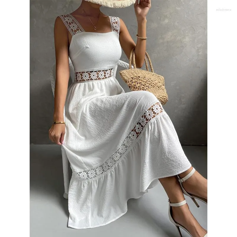 Vestidos Casuais Boho Vestido Branco Feminino Sexy Midi Feminino Oco Fora Elegante Ombro Fora Praia Moda Feminina Gola Quadrada