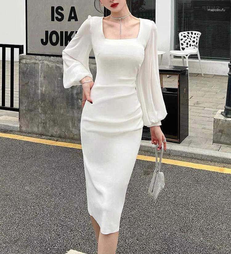 Elegant White Dress Vintage Long Sleeve Summer Dress for Women, Slim Fit  Square Collar Party Dress, Fashionable Evening Wear