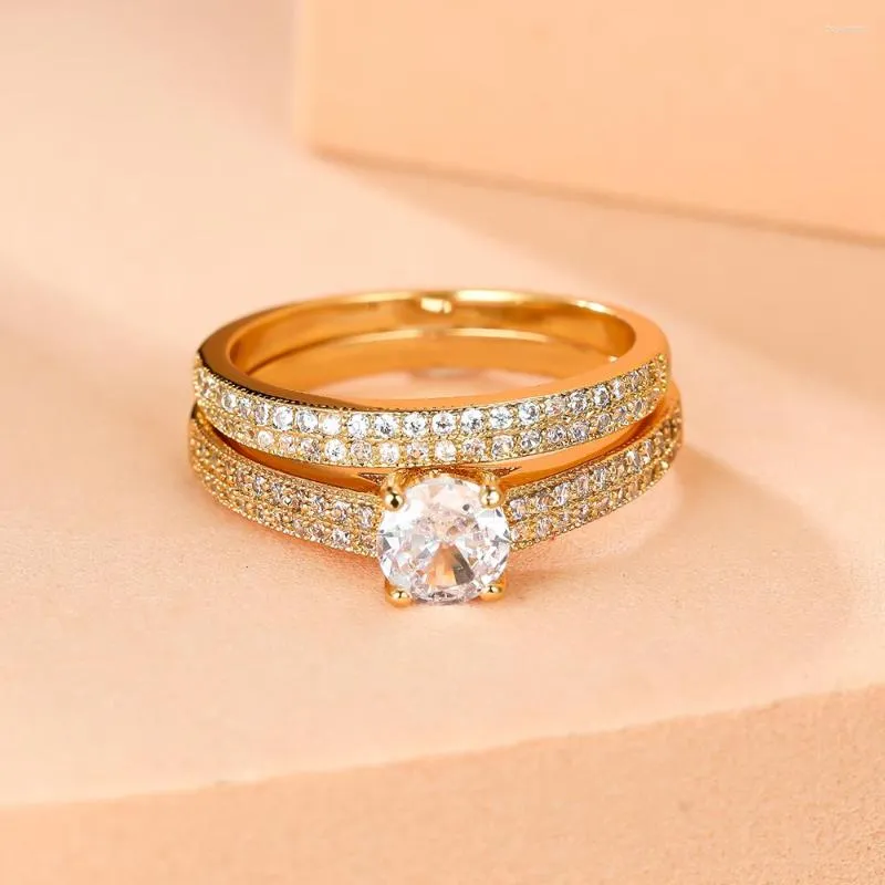 Anéis de casamento conjuntos de noiva de luxo pedra redonda para mulheres preto ouro cor branco zircão bandas promessa anel de noivado conjunto de joias