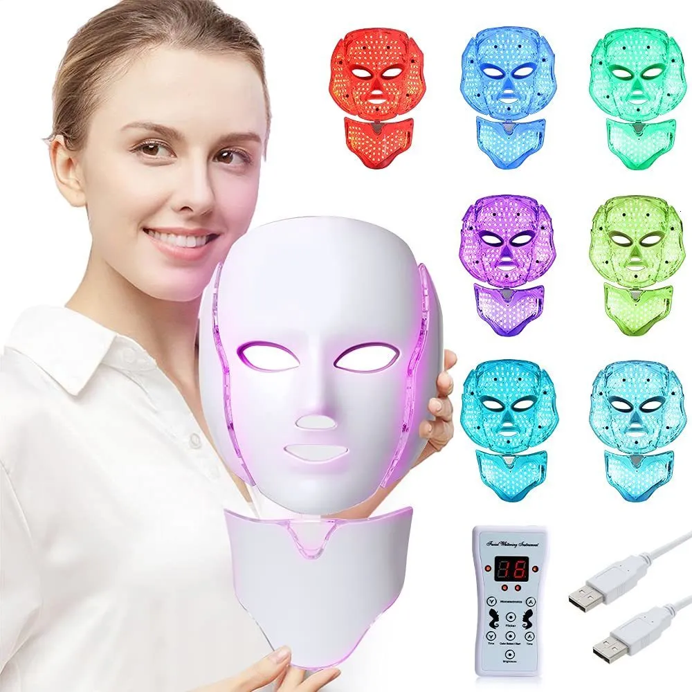 Massaggiatore viso Pon Therapy 7 colori maschera LED con FaceNeck bellezza anti acne rughe sbiancamento strumenti per la cura della pelle per spa 230621