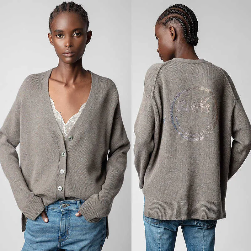 23ss EA Nouveau Zadig Voltaire Designer Pull Manteaux Cardigan à col en V à la mode avec un grand sourire sur le dos et un pull en cachemire à diamants chauds pour femmes Tops