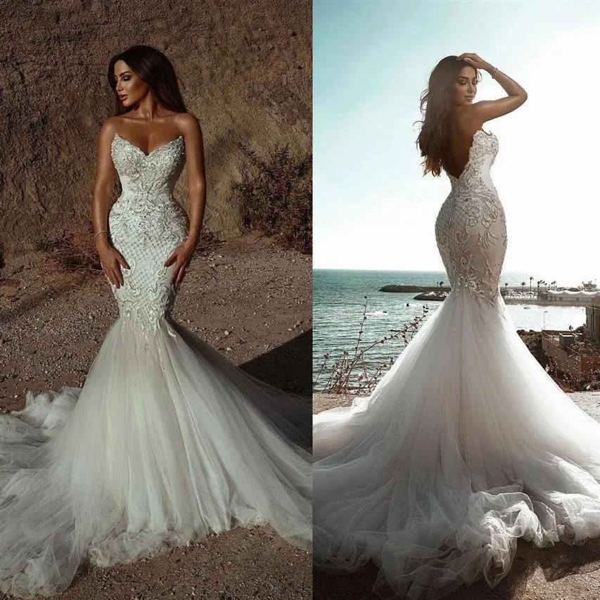 Fairy Sweetheart Mermaid Wedding Dresses spetsapplikationer brudklänning skräddarsydd kristaller ärmlös bröllopsklänningar259w