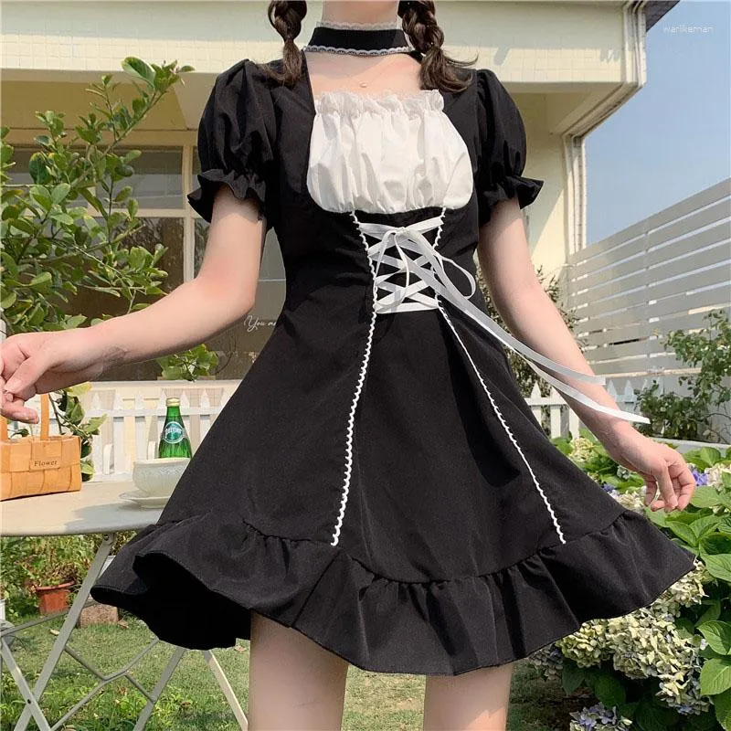 Party Jurken Vrouwen Meid Jurk Kawaii Lolita Outfit Franse Melkmeisje Kostuum Cosplay Bandage Sexy Serveerster Bladerdeeg Mouw Uniform