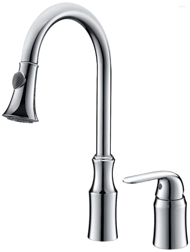 Robinets de cuisine Free Ship 16.9 "Hauteur Pull-Down Spray Évier Robinet Finition Chrome Généralisé 2 Trous Mélangeur 2023