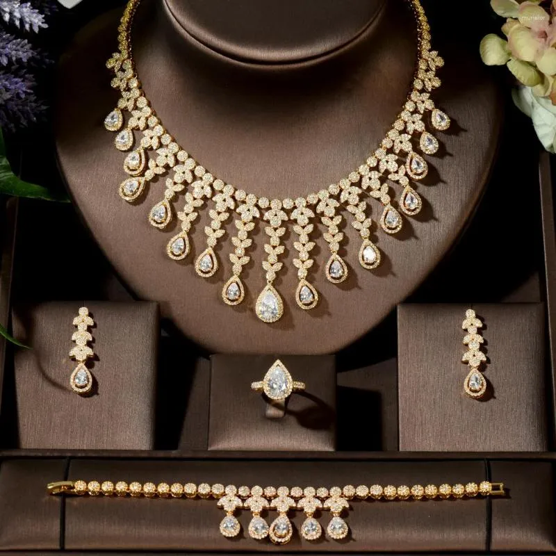 Necklace Earrings Set Fashion Gold Color Nigerian Wedding Cubic Zirconia Dubai 4PCS Dress Jewelry For Women Accessories N-1490