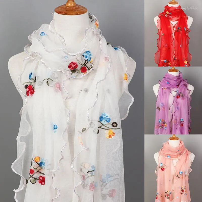 Schals Blumenstickerei Eleganter Frühlings-Sommer-Chiffon-Schal Foulard Langer Schal Bandana Strand Sonnenschutz Dünner Hijab