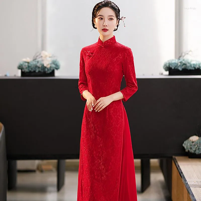 Etnische Kleding Sexy Vrouwen Kant Cheongsam Rode Klassieke Slanke Toast Kleding Traditionele Mandarijn Kraag Qipao Vestidos Vintage Ao Dai Qi Pao