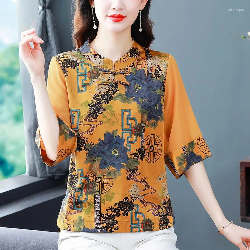 Blouses pour femmes 2023 haut de gamme Style chinois Noble jaune imprimé femmes Blouse grande taille rétro boucle col montant mince haut élégant