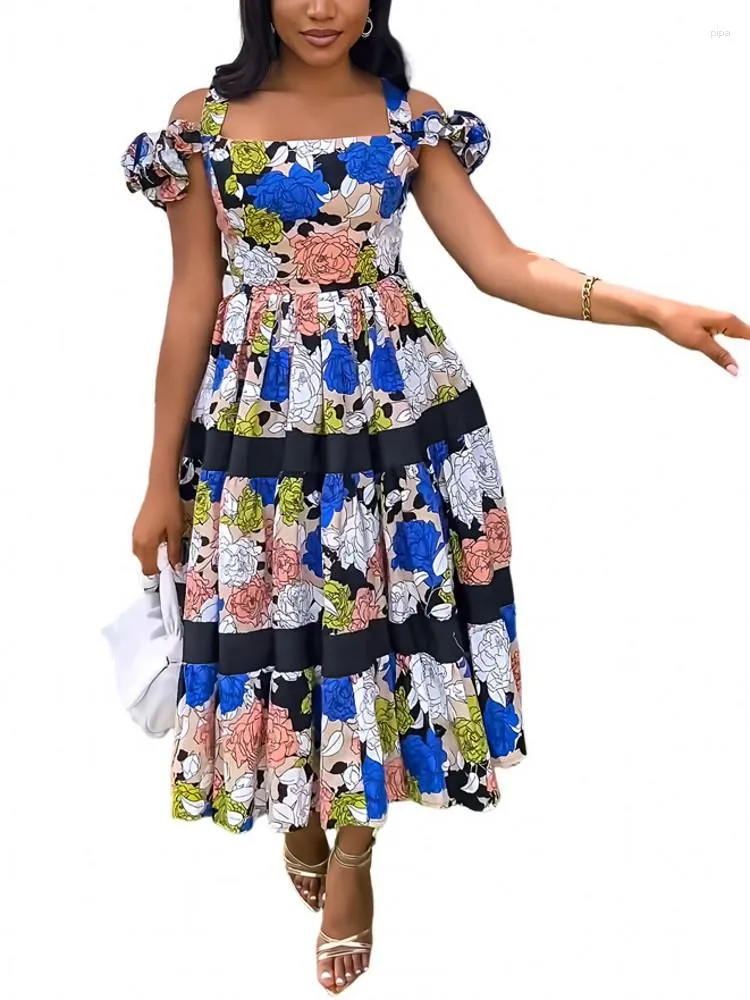 Casual Dresses Summer Women Floral Print Dress Fashion Mushroom Edge Strap A-line Midi African Clothes Holiday Streetwear Robe