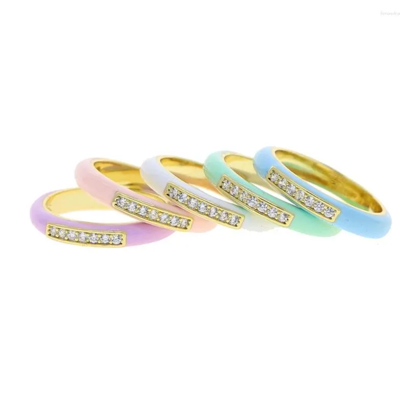 Anneaux de mariage Pastel émail avec 5A zircone cubique couleur or doigt bande bonbons coloré femmes fille CZ éternité anneau