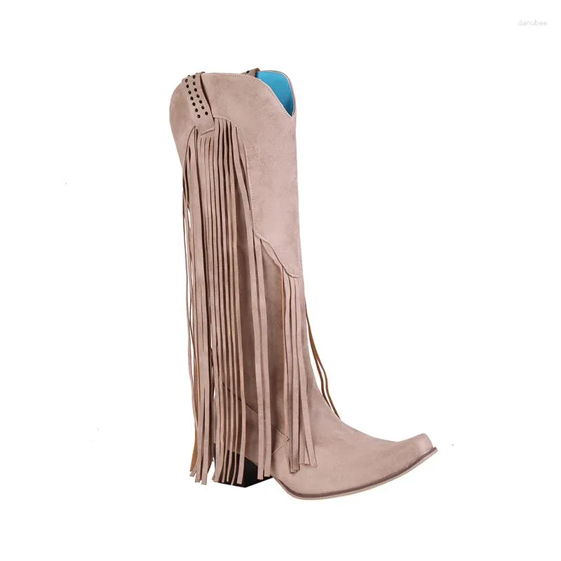 Buty Chunky Obcase Ethnic Style Fringed Western Plus Size Wyszyk-On Women Mid-Calf Nubuck Cowboy Kowboj